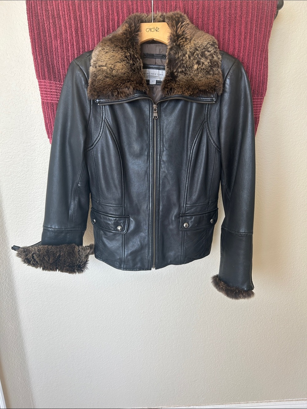 Marc New York Black Leather Jacket with Brown Fur Collar & Cuffs